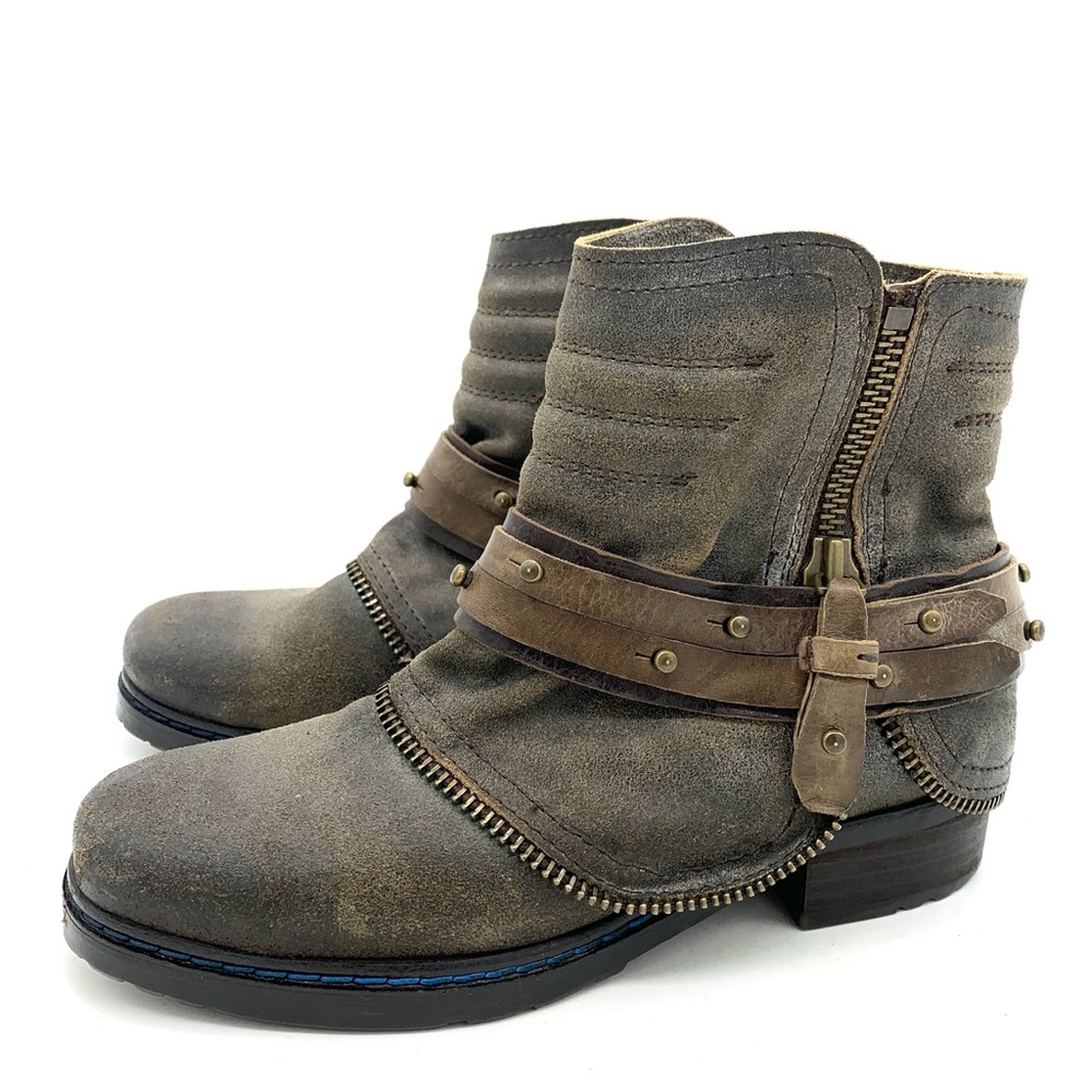 Felmini Premium Gray Brown Distressed Leather Zip Boots